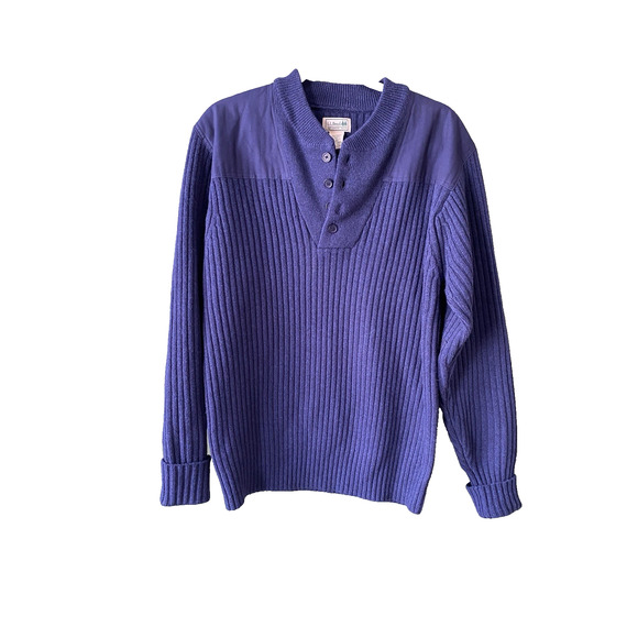 LL Bean Sweater Mens Large Military Commando Henley Blue Merino Wool Popover - Picture 2 of 11